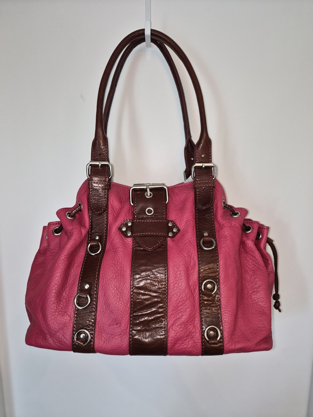 Stylish Pink and Brown Leather Tote Bag